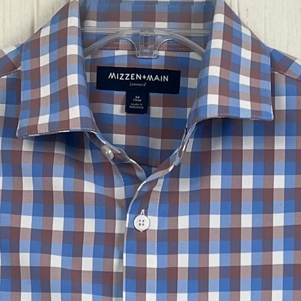 Mizzen+Main Leeward Shirt men’s medium trim, blue check rn 157281 poly/spandex - Picture 2 of 7